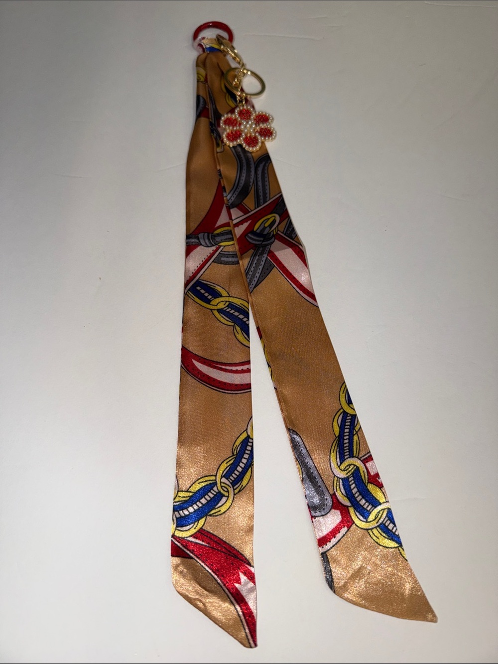 Silk-Tone Chain Print Hair Scarf in Camel